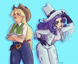 Size: 2155x1760 | Tagged: safe, artist:kavkanyan, derpibooru import, applejack, rarity, human, applejack's hat, blue background, cowboy hat, cowgirl outfit, crossed arms, duo, ear piercing, earring, female, hat, humanized, image, jewelry, jpeg, piercing, signature, simple background, straw in mouth