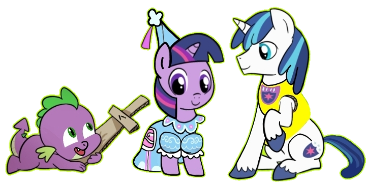 Size: 720x358 | Tagged: safe, artist:darlycatmake, derpibooru import, shining armor, spike, twilight sparkle, dragon, pony, unicorn, adorable face, baby, baby dragon, baby spike, brother and sister, child, cute, female, foal, friendly, happy, having fun, image, kids, knight, looking at each other, looking at someone, male, nice, open mouth, playful, playing, playing dead, png, pretend, princess, princess costume, royal guard, siblings, smiling, smiling at each other, sword, twilight sparkle is best facemaker, weapon, younger