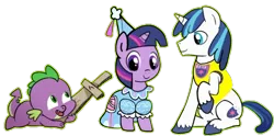 Size: 720x358 | Tagged: safe, artist:darlycatmake, derpibooru import, shining armor, spike, twilight sparkle, dragon, pony, unicorn, adorable face, baby, baby dragon, baby spike, brother and sister, child, cute, female, foal, friendly, happy, having fun, image, kids, knight, looking at each other, looking at someone, male, nice, open mouth, playful, playing, playing dead, png, pretend, princess, princess costume, royal guard, siblings, smiling, smiling at each other, sword, twilight sparkle is best facemaker, weapon, younger