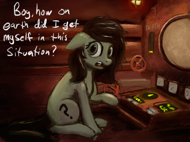 Size: 2541x1895 | Tagged: safe, artist:phutashi, derpibooru import, oc, oc:anon-mare, unofficial characters only, earth pony, pony, control panel, female, floppy ears, image, iron lung (game), mare, png, solo, talking to viewer