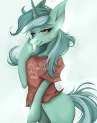 Size: 1680x2130 | Tagged: safe, artist:osefchan, derpibooru import, lyra heartstrings, pony, unicorn, bipedal, clothes, female, hoof on cheek, humie, image, lidded eyes, mare, png, redraw, shirt, signature, simple background, smiling, solo, t-shirt, that pony sure does love humans