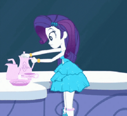 Size: 438x402 | Tagged: safe, derpibooru import, edit, edited screencap, screencap, rarity, eqg summertime shorts, equestria girls, make up shake up, animated, bare shoulders, bracelet, cropped, cup, drinking, fall formal outfits, female, food, gif, image, jewelry, raritea, speed up, tea, teacup, teapot