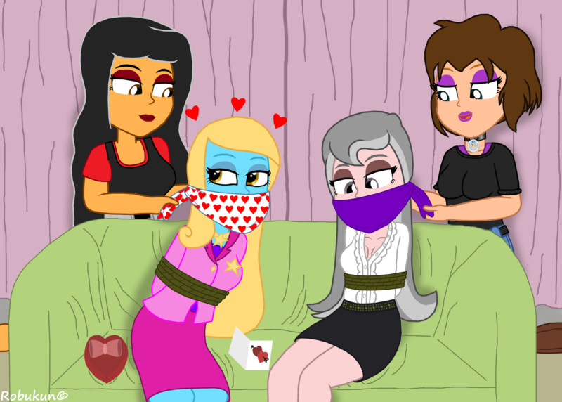 Size: 1600x1143 | Tagged: safe, artist:robukun, derpibooru import, oc, oc:ariel phantom, oc:chloe adore, oc:lydia, oc:shine, equestria girls, bondage, bound and gagged, cloth gag, couch, floating heart, gag, happy, heart, image, looking at each other, looking at someone, png, rope, rope bondage, ropes, satisfying, tied up