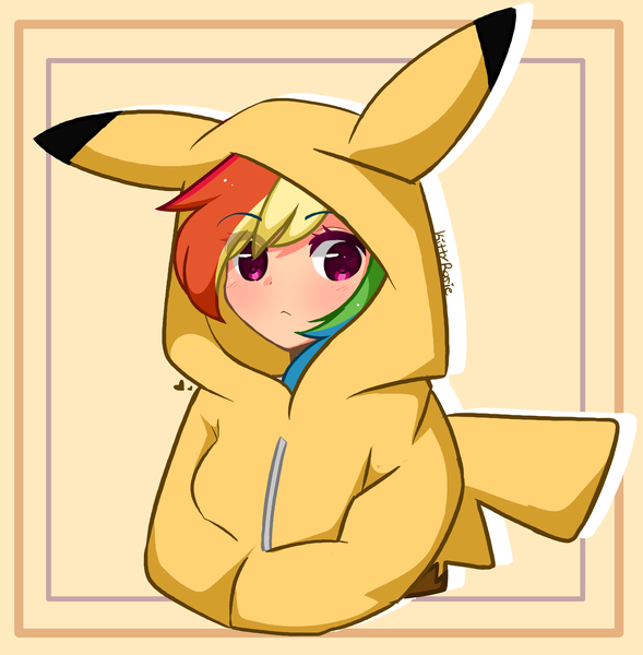 Size: 3512x3579 | Tagged: safe, artist:kittyrosie, derpibooru import, rainbow dash, human, pikachu, blushing, clothes, cosplay, costume, cute, dashabetes, hoodie, humanized, image, kigurumi, looking at you, png, pokémon