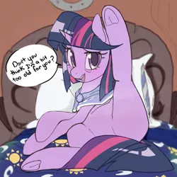Size: 3000x3000 | Tagged: artist needed, suggestive, derpibooru import, twilight sparkle, unicorn, bed, featureless crotch, image, jpeg, library, looking at you, offscreen character, older, older twilight, presenting, raised leg, speech bubble, strategically covered, talking to viewer, unicorn twilight