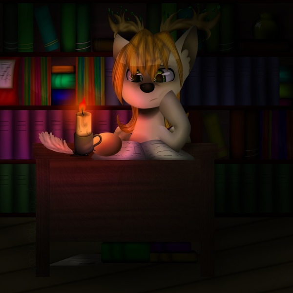 Size: 1000x1000 | Tagged: safe, derpibooru import, oc, oc:king mirael, deer, book, boring, candle, feather, fire, image, jpeg, library, light, night, reading, table