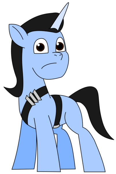 Size: 1369x2048 | Tagged: safe, artist:adan druego, derpibooru import, pony, unicorn, adult, belt, belt buckle, black mane, black tail, blank flank, blue coat, brown eyes, frown, g5, image, looking at you, male, png, simple background, stallion, tail, trace, transparent background