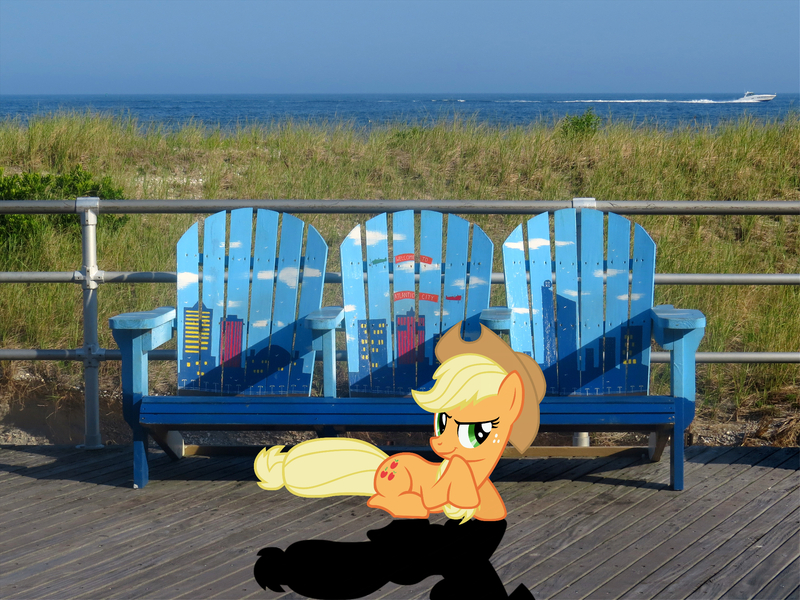 Size: 2048x1536 | Tagged: safe, artist:emper24, artist:mlplover94, derpibooru import, applejack, earth pony, pony, applejack's hat, atlantic city, bench, cowboy hat, female, freckles, hat, image, irl, jpeg, looking at you, lying down, mare, new jersey, photo, ponies in real life, prone, raised hoof, shadow, smiling, solo, stetson