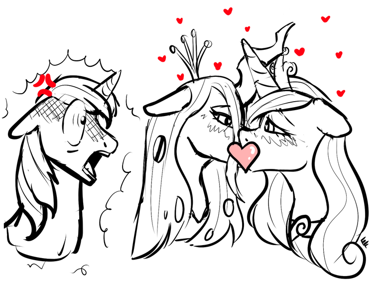 Size: 1561x1241 | Tagged: safe, artist:ponykittenboi, derpibooru import, princess cadance, queen chrysalis, shining armor, alicorn, changeling, pony, unicorn, cadalis, censored, derpibooru exclusive, female, heart, image, infidelity, kissing, lesbian, male, open mouth, png, shipping, shitposting, silly, sketch, unfinished art