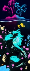 Size: 1700x4000 | Tagged: safe, artist:unlimitedmagic7, derpibooru import, oc, sea pony, seapony (g4), black background, blue eyes, blue mane, bubble, contest entry, coral, dorsal fin, fins, fish tail, flowing mane, flowing tail, image, island, open mouth, png, seaweed, signature, simple background, solo, swimming, tail, tree, underwater, water
