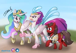 Size: 3508x2481 | Tagged: safe, artist:memprices, derpibooru import, princess celestia, queen novo, oc, oc:ironyoshi, alicorn, hippogriff, pony, unicorn, my little pony: the movie, commission, crown, high res, image, jewelry, looking at each other, looking at someone, open mouth, open smile, png, pony oc, regalia, shading, smiling, stroll, talking, walking