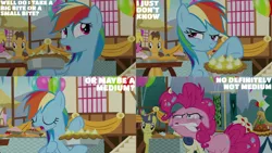 Size: 1280x720 | Tagged: safe, derpibooru import, edit, edited screencap, editor:quoterific, screencap, bon bon, caramel, cherry berry, comet tail, pinkie pie, rainbow dash, sweetie drops, alicorn, earth pony, pegasus, pony, season 7, secrets and pies, eyes closed, female, floppy ears, food, image, male, mare, open mouth, pie, png, ponyville town hall, smiling, stallion, text