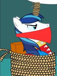 Size: 500x667 | Tagged: safe, derpibooru import, shining armor, unicorn, angry, cloth gag, clothes, gag, glare, image, jpeg, shining armor is not amused, tied to chair, tied up, unamused