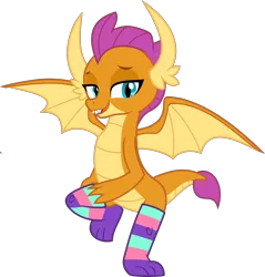 Size: 2550x2666 | Tagged: suggestive, derpibooru import, smolder, dragon, clothes, derpibooru exclusive, dragoness, female, horns, image, png, show accurate, simple background, socks, solo, solo female, striped socks, transparent background, wings