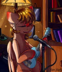 Size: 820x952 | Tagged: safe, artist:yuris, derpibooru import, oc, oc:erein, unofficial characters only, pegasus, pony, book, brown mane, closet, eyes closed, female, image, lamp, microphone, musical instrument, open mouth, png, room, singing, solo, solo female, ukulele
