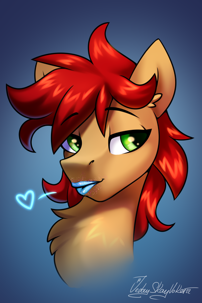 Size: 2000x3000 | Tagged: safe, artist:jedayskayvoker, derpibooru import, glitter drops, oc, oc:corpser, pony, bust, chest fluff, ear fluff, eyebrows, eyebrows visible through hair, femboy, gradient background, heart, icon, image, lipstick, makeup, male, patreon, patreon reward, png, portrait, solo, stallion