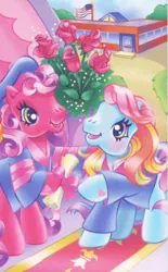 Size: 327x528 | Tagged: safe, artist:lyn fletcher, derpibooru import, official, cheerilee, cheerilee (g3), rainbow dash (g3), earth pony, pony, clothes, diploma, duo, duo female, female, flower, g3, graduation, graduation cap, happy, hat, image, png, school