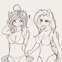 Size: 3364x3384 | Tagged: suggestive, artist:miokomata, derpibooru import, fluttershy, oc, oc:dazzling talents, alicorn, anthro, pegasus, alicorn oc, bedroom eyes, bikini, blushing, breasts, busty fluttershy, cleavage, clothes, duo, duo female, exclamation point, female, freckles, freckleshy, gray background, grayscale, horn, image, jpeg, monochrome, personal space invasion, simple background, swimsuit, wings
