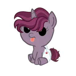Size: 500x500 | Tagged: safe, artist:decokelow, artist:stargazeandsundance, derpibooru import, oc, oc:nightingale, unofficial characters only, pony, unicorn, bun hairstyle, diaper, female, filly, foal, hair over eyes, horn, image, looking up, offspring, parent:chancellor neighsay, parent:tempest shadow, parents:tempest neighsay, png, simple background, solo, tongue out, transparent background, unicorn oc