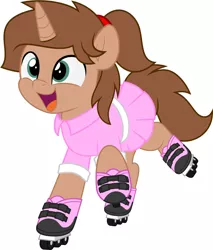 Size: 1745x2048 | Tagged: safe, artist:jhayarr23, derpibooru import, oc, oc:heroic armour, unofficial characters only, pony, unicorn, clothes, colt, commission, crossdressing, dress, foal, happy, image, jpeg, male, ponytail, roller skates, shoes, simple background, smiling, teenager, ych result