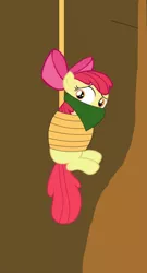 Size: 720x1338 | Tagged: safe, derpibooru import, apple bloom, earth pony, pony, bondage, cloth gag, damsel in distress, danger, distressed, gag, hanging, help, help me, helpless, image, jpeg, looking at someone, looking at something, looking back, rope, rope bondage, ropes, sad, scared, tied up, woobie, worried