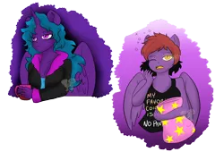 Size: 2500x1700 | Tagged: safe, artist:darkdreamingblossom, derpibooru import, oc, oc:dark dreaming blossom, oc:flutternight, unofficial characters only, alicorn, anthro, pegasus, alicorn oc, anthro oc, clothes, duo, female, horn, image, morning ponies, one eye closed, partial background, pegasus oc, pillow, png, simple background, tanktop, transparent background, wings, yawn