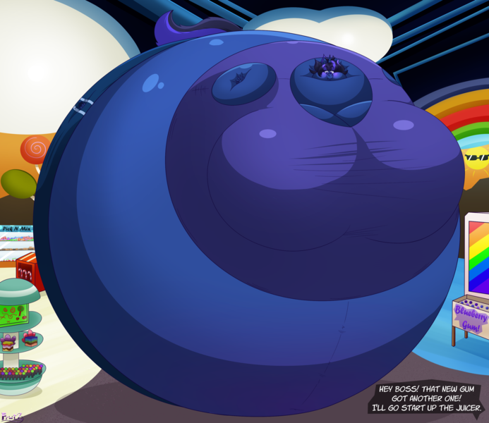 Size: 3115x2696 | Tagged: questionable, artist:frootz, derpibooru import, oc, oc:magna-save, unofficial characters only, anthro, unguligrade anthro, belly, big belly, big breasts, blueberry, blueberry inflation, blushing, breasts, cake, candy, chewing gum, clothes, dialogue, expansion, food, high res, huge belly, huge breasts, hyper, hyper belly, image, impossibly large belly, impossibly large breasts, inflation, machine, out of order, png, solo, spherical inflation, swelling, swollen, tracksuit