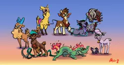 Size: 4096x2175 | Tagged: safe, artist:alumx, derpibooru import, fhtng th§ ¿nsp§kbl, oleander (tfh), velvet reindeer, classical unicorn, cow, deer, dog, dragon, goat, hybrid, llama, longma, pony, reindeer, sheep, unicorn, them's fightin' herds, anchor, arizona (tfh), cloven hooves, community related, female, gradient background, image, jpeg, lamb, leonine tail, mare, paprika (tfh), pom (tfh), shanty (tfh), tianhuo (tfh), unshorn fetlocks