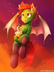 Size: 900x1200 | Tagged: safe, alternate version, artist:lostdreamm, derpibooru import, oc, unofficial characters only, bat pony, bat pony oc, bat wings, chest fluff, clothes, drink, female, image, jpeg, socks, solo, spread wings, wings