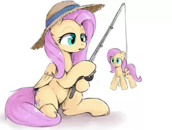 Size: 1189x904 | Tagged: safe, artist:anonymous, derpibooru import, fluttershy, pegasus, pony, drawthread, female, fishing, fishing rod, hat, image, mare, open mouth, plushie, png, simple background, sitting, straw hat, white background