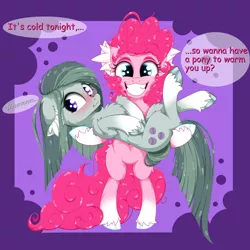 Size: 2500x2500 | Tagged: safe, artist:rurihal, derpibooru import, marble pie, pinkie pie, earth pony, pony, blushing, chest fluff, coat markings, ear fluff, gritted teeth, image, leg fluff, looking at you, png, smiling, smiling at you, socks (coat marking), teeth