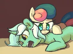 Size: 402x301 | Tagged: safe, artist:plunger, derpibooru import, bon bon, lyra heartstrings, sweetie drops, earth pony, pony, unicorn, abuse, biting, drawthread, duo, duo female, female, horn, image, lying down, lyrabuse, mare, open mouth, png, ponified animal photo, requested art, shrunken pupils
