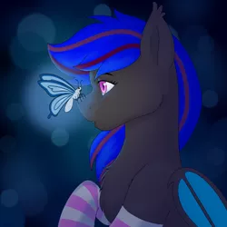 Size: 2000x2000 | Tagged: safe, artist:miru_yosimura, derpibooru import, oc, oc:ebony rose, unofficial characters only, bat pony, butterfly, insect, pony, butterfly on nose, butterfly wings, clothes, commission, commissioner:wolfgangrd, ear tufts, fangs, female, image, insect on nose, mare, png, socks, striped socks, wings