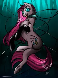 Size: 700x940 | Tagged: semi-grimdark, artist:mechanakal, derpibooru import, pinkie pie, pony, :d, cable, clothes, collar, female, floating, fluffy, gloves, image, inspired by another artist, looking at you, mare, open mouth, open smile, pinkamena diane pie, png, signature, smiling, solo, wires