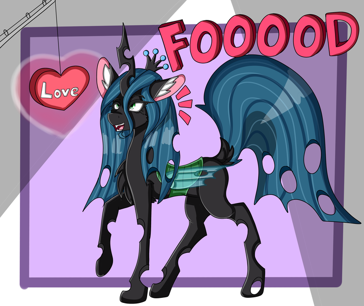 Size: 2000x1679 | Tagged: safe, artist:cuddlelamb, derpibooru import, queen chrysalis, changeling, changeling queen, bait, canterlot wedding 10th anniversary, emanata, female, food, heart, image, love, open mouth, open smile, png, smiling, solo
