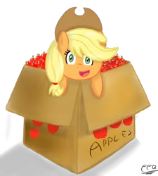 Size: 900x1000 | Tagged: safe, artist:freefraq, derpibooru import, applejack, earth pony, pony, apple, box, female, food, image, png, simple background, solo, transparent background