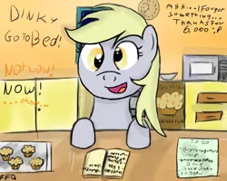 Size: 900x720 | Tagged: safe, artist:freefraq, derpibooru import, derpy hooves, pegasus, pony, book, dialogue, female, food, image, indoors, mare, muffin, offscreen character, open mouth, open smile, paper, png, signature, smiling, solo