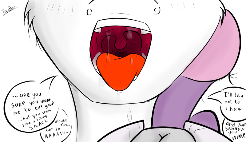 Size: 3140x1814 | Tagged: suggestive, artist:teropone, derpibooru import, sweetie belle, pony, unicorn, cheek fluff, dialogue, drool, female, fetish, filly, foal, giant pony, high res, image, imminent vore, macro, macro/micro, maw, mawshot, micro, offscreen character, open mouth, png, pov, signature, simple background, speech bubble, tongue out, uvula, vore, white background, willing vore