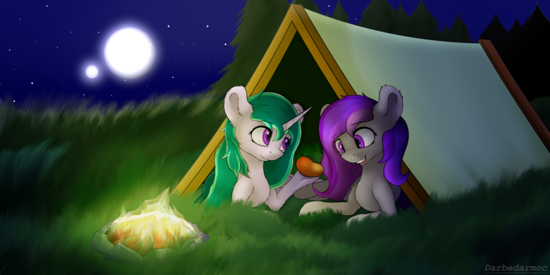 Size: 4096x2048 | Tagged: safe, derpibooru import, oc, unofficial characters only, bat pony, campfire, camping, fangs, fire, food, forest, grass, horn, image, mango, moon, png, stars, tent, tree, two toned mane