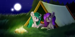 Size: 4096x2048 | Tagged: safe, derpibooru import, oc, unofficial characters only, bat pony, campfire, camping, fangs, fire, food, forest, grass, horn, image, mango, moon, png, stars, tent, tree, two toned mane