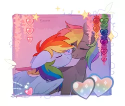 Size: 1057x892 | Tagged: safe, derpibooru import, rainbow dash, oc, oc:dark rainbow, pegasus, pony, boop, canon x oc, commission, cute, darsh, eyes closed, female, heart, image, kissing, male, mare, nose kiss, nuzzling, pegasus oc, png, shipping, stallion, straight, wings, ych result