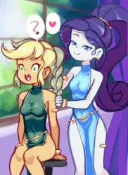 Size: 1152x1584 | Tagged: safe, artist:drantyno, derpibooru import, applejack, rarity, equestria girls, alternate hairstyle, braid, braiding, breasts, busty applejack, busty rarity, cheongsam, clothes, dress, female, heart, image, lesbian, open mouth, png, question mark, rarijack, shipping