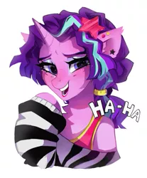 Size: 2400x2900 | Tagged: safe, artist:zlatavector, derpibooru import, starlight glimmer, pony, unicorn, 80s, 80s starlight glimmer, bust, image, laughing, makeup, noblewoman's laugh, outfit, png, smiling, solo