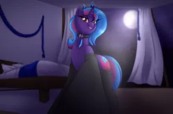 Size: 5315x3513 | Tagged: safe, artist:pearlyiridescence, derpibooru import, oc, unofficial characters only, unicorn, bed, bedroom, clothes, collar, crown, crystal, female, grin, image, jewelry, looking at you, looking down, looking down at you, low angle, macro, moon, night, offscreen character, png, pov, regalia, smiling, socks, solo, thigh highs