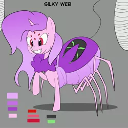 Size: 3000x3000 | Tagged: safe, artist:bestponies, derpibooru import, oc, oc:silky web, unofficial characters only, monster pony, original species, spider, spiderpony, cocoon, fangs, female, grin, horn, image, jpeg, multiple eyes, reference sheet, smiling, spider web