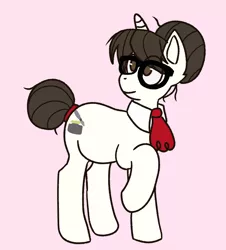 Size: 948x1050 | Tagged: safe, artist:inked-dee, derpibooru import, raven, pony, unicorn, ascot, eye clipping through hair, female, full body, glasses, hair bun, hooves, image, mare, messy mane, no pupils, pink background, png, raised hoof, raven inkwell, simple background, smiling, solo, standing, tail