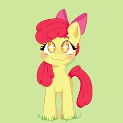 Size: 1080x1080 | Tagged: safe, artist:slobberdawgz, derpibooru import, apple bloom, earth pony, pony, :3, adorabloom, blushing, cute, eyebrows, eyebrows visible through hair, female, filly, foal, front view, grass, green background, hooves, image, jpeg, looking at you, signature, simple background, smiling, solo, standing, starry eyes, tail, wingding eyes