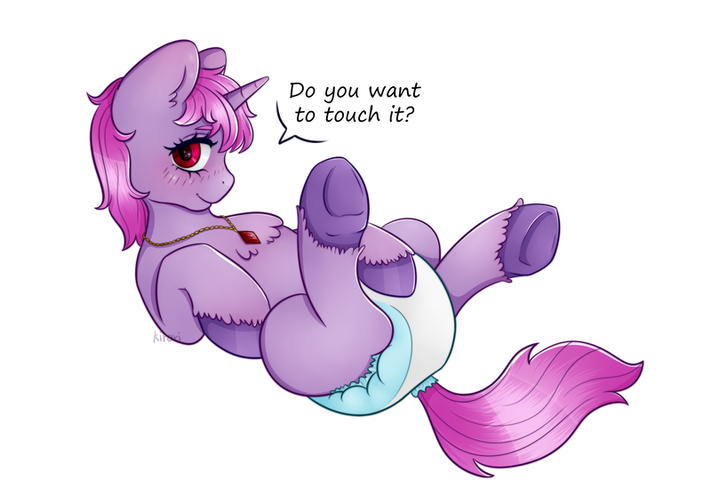 Size: 3507x2480 | Tagged: questionable, artist:kirari_chan, derpibooru import, oc, unofficial characters only, pony, unicorn, blushing, commission, cute, diaper, diaper fetish, ear blush, female, fetish, finished commission, horn, image, jewelry, looking at you, lying down, mare, necklace, on back, pink hair, png, raised hoof, red eyes, ruby, shy, simple background, smiling, smiling at you, touching, touching diaper, unicorn oc, white background, ych result