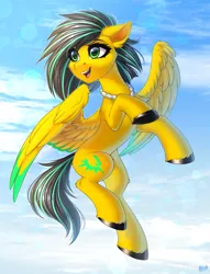 Size: 2900x3800 | Tagged: safe, artist:hakaina, derpibooru import, oc, oc:lightning bug, unofficial characters only, pegasus, fanfic:song of seven, black mane, clothes, cyan eyes, flying, full body, hooves, image, jewelry, necklace, pegasus oc, png, raised hoof, simple background, sky, smiling, solo, spread wings, striped mane, wings