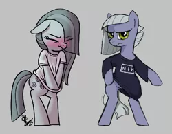 Size: 470x366 | Tagged: artist needed, source needed, suggestive, derpibooru import, limestone pie, marble pie, bipedal, blushing, clothes, embarrassed, female, gray, image, nine inch nails, png, shirt